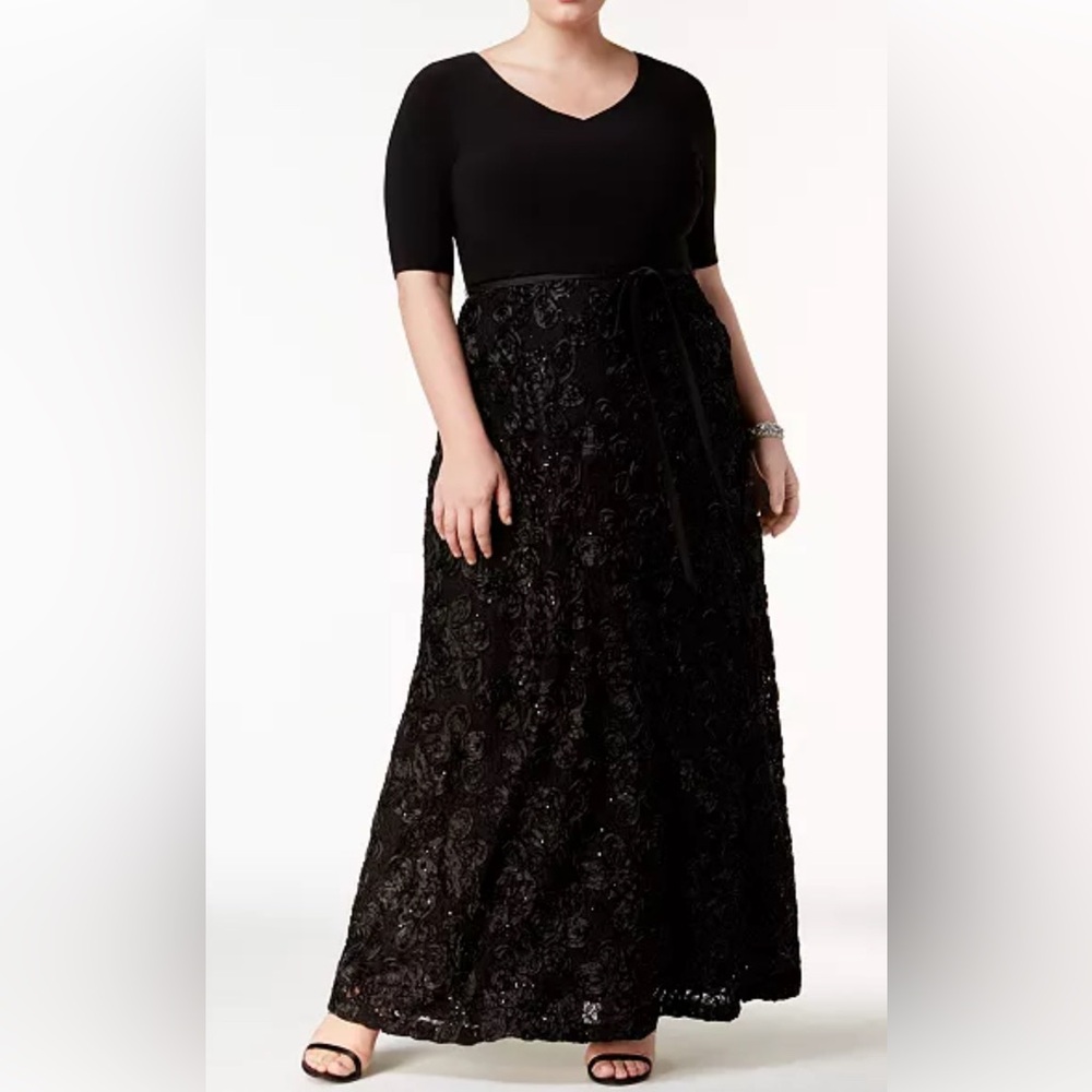 Women’s Formal Dress Plus Size 20W Alex Evenings Rosette A-Line Gown Black NWT